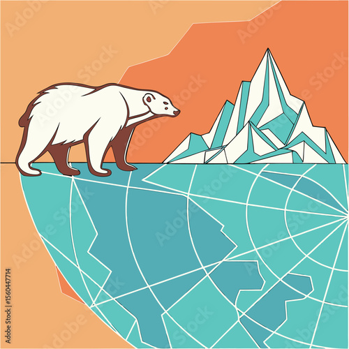 Illustration of a polar bear standing on ice next to an iceberg against an orange background scene