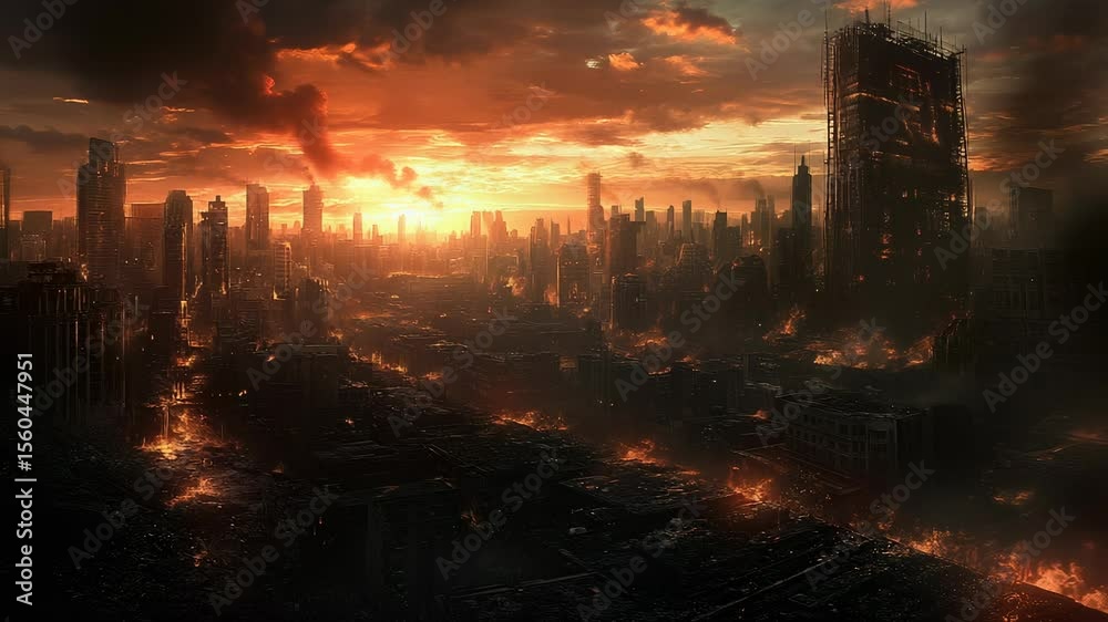 Devastated Cityscape at Sunset: Ruins and Remnants of a Fallen Metropolis Devastated Cityscape at Sunset: Ruins and Remnants of a Fallen Metropolis