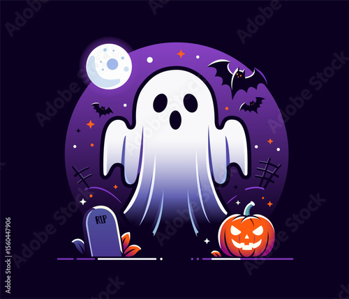 Happy Halloween greeting card with a ghost. Halloween Holidays cartoon character. Halloween spooky characters, posters design. Halloween night seen. Cartoon ghosted spirit. Pumpkin, Cemetery. Mascot