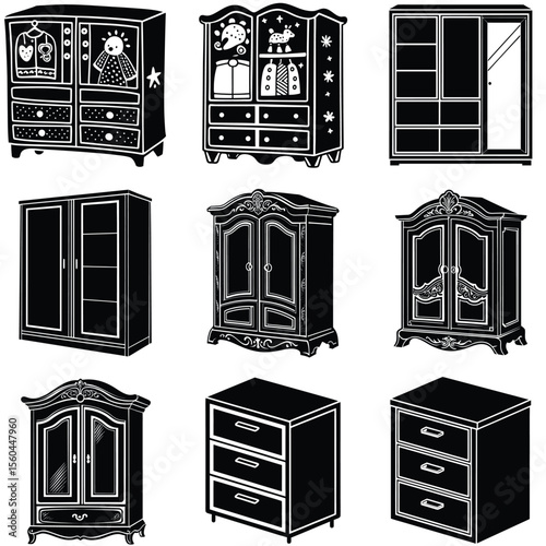 Collection of black and white illustrations of various wardrobes and dressers