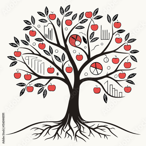 Illustration of a stylized tree with apples, leaves, pie charts and bar graphs on a white background