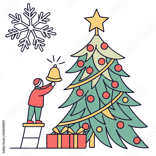 A person on a ladder rings a bell near a christmas tree with a snowflake and a gift present box