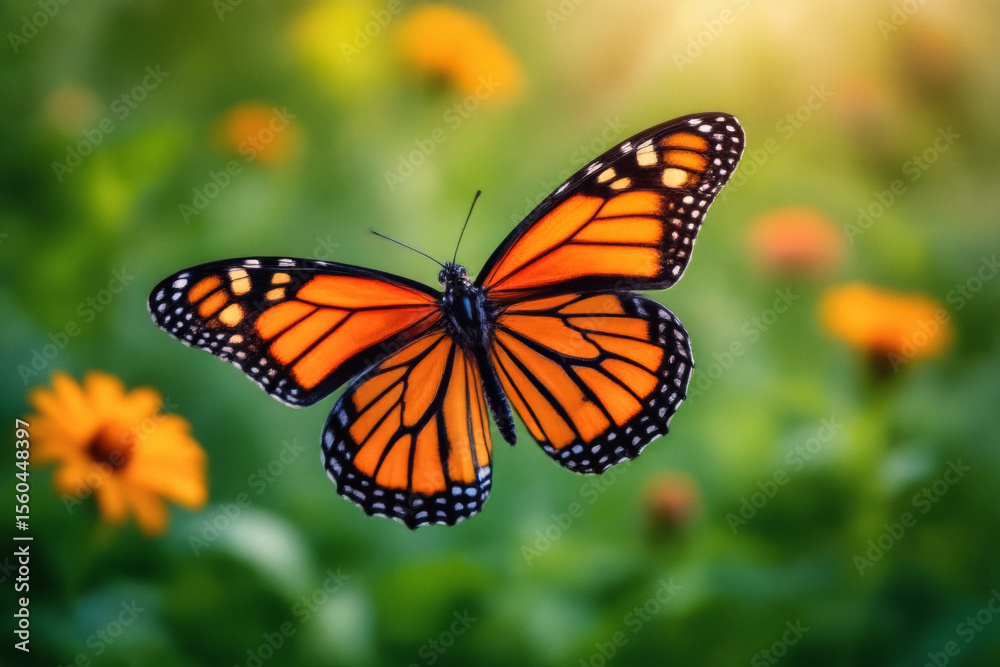 Fototapeta premium A vibrant monarch butterfly hovers mid-air amidst a blurred background of green foliage and yellow wildflowers.