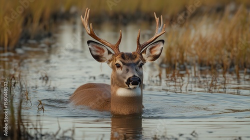 Pere David s deer swimming across wetland marsh, antlers visible. photo