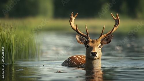 Pere David s deer swimming across wetland marsh, antlers visible.