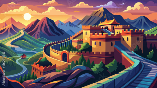 The Great Wall of China stretches across majestic mountains, winding through misty landscapes and ancient terrain. This timeless marvel stands as a symbol of strength, history, and human achievement.