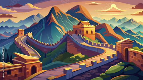 The Great Wall of China stretches across majestic mountains, winding through misty landscapes and ancient terrain. This timeless marvel stands as a symbol of strength, history, and human achievement.