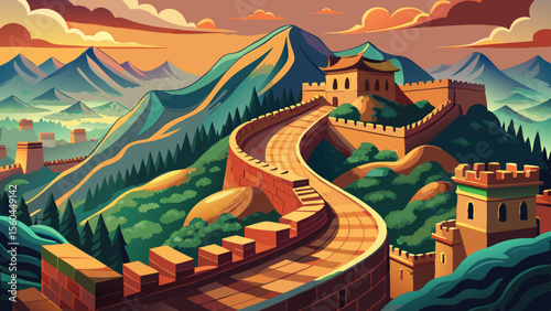 The Great Wall of China stretches across majestic mountains, winding through misty landscapes and ancient terrain. This timeless marvel stands as a symbol of strength, history, and human achievement.