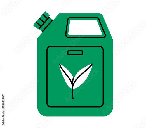 Hand drawn cute cartoon illustration of gasoline canister with leaf. Flat vector car fuel jerrycan doodle. Ecology problem sticker, icon. Green renewable energy. Environmental pollution. Isolated.