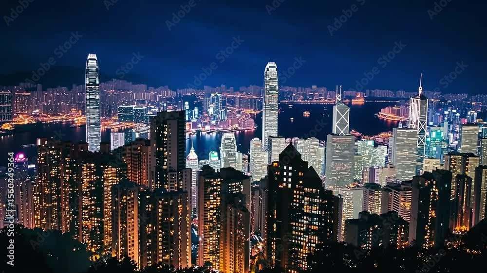 4K-Stunning night skyline of Hong Kong with vibrant city lights.