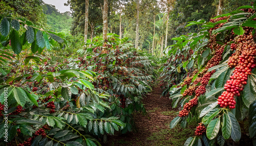 lush green guarana plantation in tropical rainforest with ripe red berries