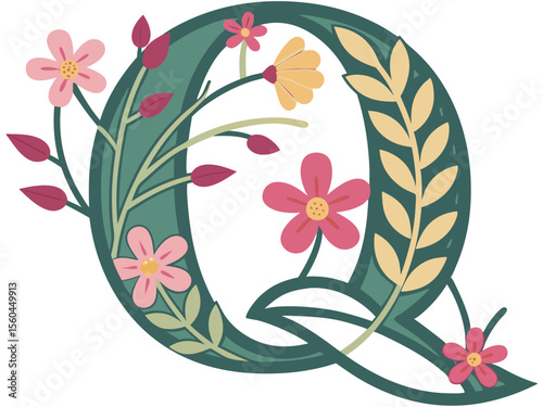 Decorative floral letter q design with delicate pink flowers and botanical elements