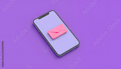 3d Smartphone or mobile phone with email unread notification. New message on the smartphone screen icon isolated on purple background. Mail service, Online email newsletter concept. 3d render, low-p