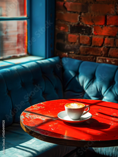 Quiet corner with a cappuccino in a cafe with vintage furniture and exposed brick walls, blue and red colours