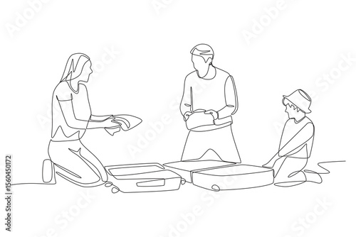 Packing for family travel concept one-line drawing