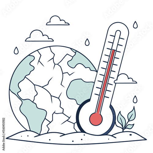 Illustration of a cracked earth globe with a thermometer showing high temperature and rain drops around it