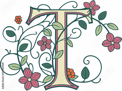 Elegant floral initial letter t with detailed leaves and blooming flowers on white background