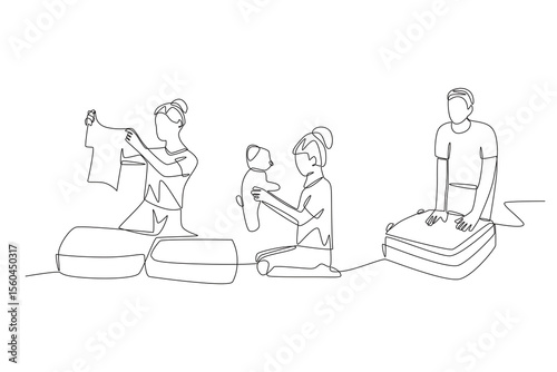 Packing for family travel concept one-line drawing