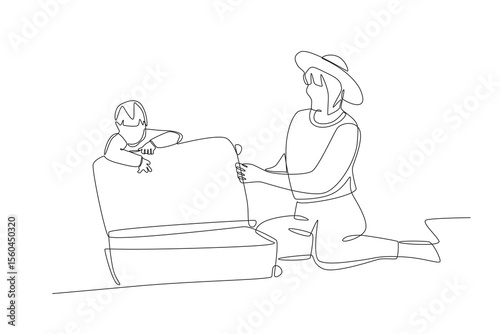 Packing for family travel concept one-line drawing