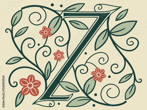 Elegant letter z floral design with vines leaves and red flowers on a white background