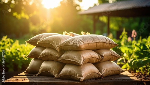 Bags of Fertilizer Ready for Growth in a Vibrant Garden Setting
