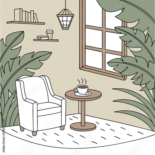 Illustration of a cozy room with a white armchair, coffee table, and large leafy plants around window