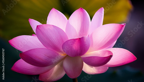 close up of a pink lotus flower on water super detailed pink petals with golden stamens perfectly round water droplet lotus macro shot hyperrealistic texture morning dew effect soft sunlight tr