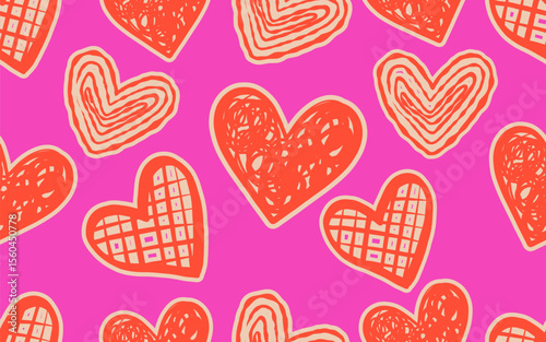 Red Scribble Heart Shape Sticker Seamless Pattern. for fabric, textiles, clothing, wrapping paper, cover, banner, home decor, abstract backgrounds. Vector illustration.