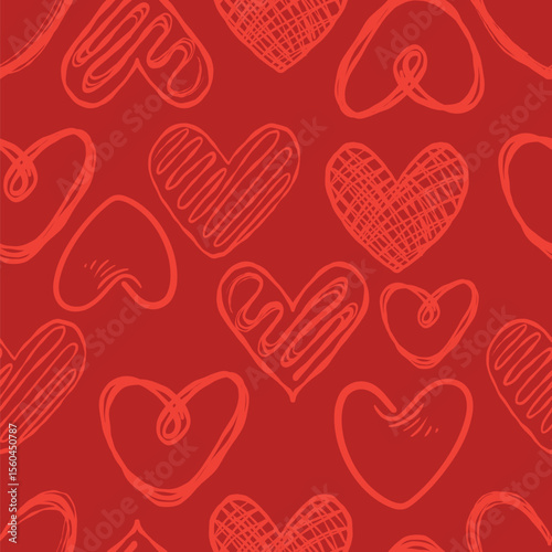 Abstract Red Heart Seamless Pattern. Scribble Love Repeat Pattern. for fabric, textiles, clothing, wrapping paper, cover, banner, home decor, abstract backgrounds. Vector illustration.