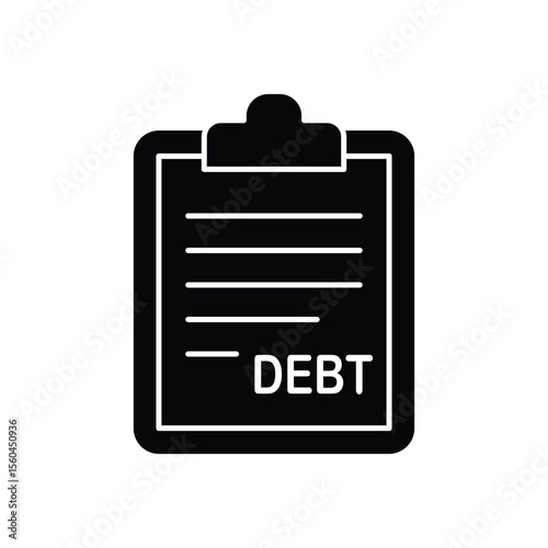 Simple black and white icon of a clipboard with debt written on it.
