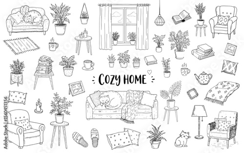 Cozy home doodle sketch vector illustration on transparent background, home decor and comfort