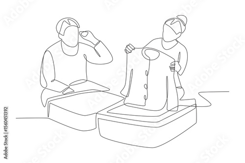 Packing for family travel concept one-line drawing