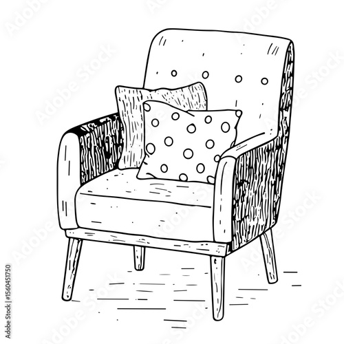 Armchair with cushions doodle sketch vector illustration on transparent background, cozy seating option