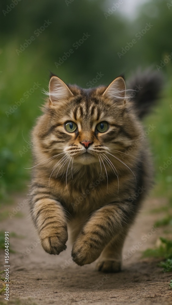 Fluffy cat running outdoors Fluffy cat running outdoors