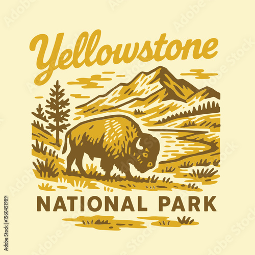Yellowstone National Park Buffalo with Mountain and River Landscape Vintage Design