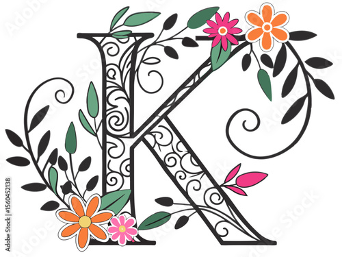 Floral letter k with decorative foliage and colorful flowers in an elegant design