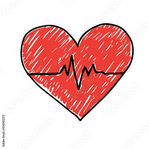Heart with electrocardiogram doodle sketch vector icon on transparent background, health symbol