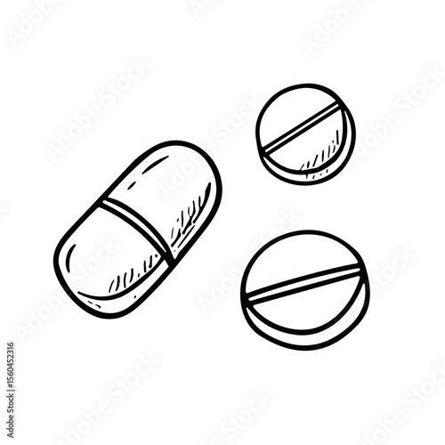 Capsules and pills doodle sketch vector icon on transparent background, medication symbols