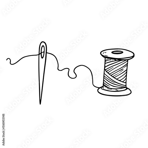 Needle and thread spool doodle sketch vector illustration on transparent background, sewing tools