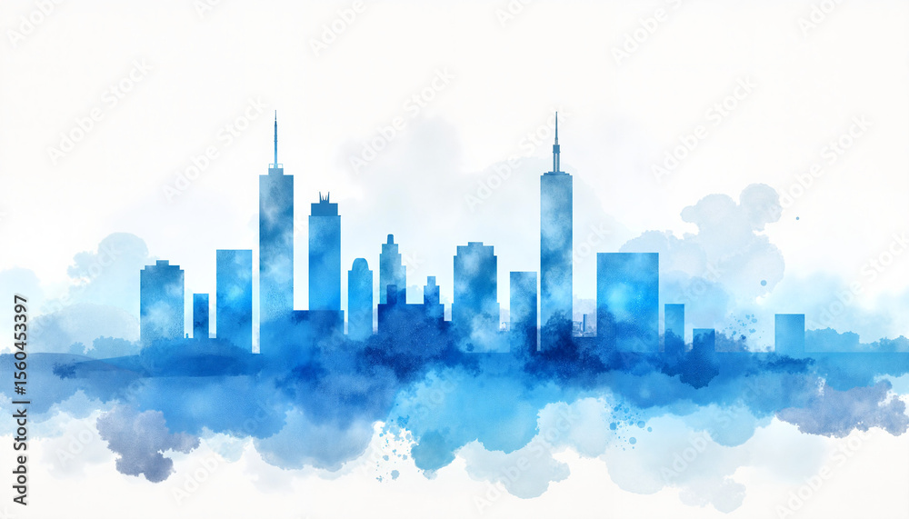 Fototapeta premium City skyline silhouette in blue watercolor style with clouds 