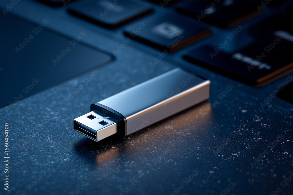 Fototapeta premium Realistic photo of a USB drive inserted into a laptop, symbolizing data breach or hacking risk, dark blue background