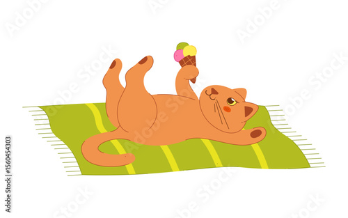 A cute cat with ice cream in its paw lies on a beach towel. Color clip art for your projects.