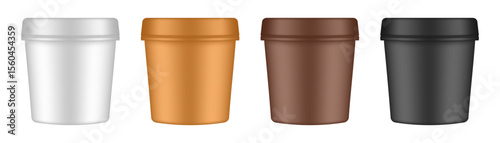Set of plastic ice cream tubs. Vector mockup of a food packaging. White, bronze, brown and black jars. Yoghurt container. Plastic Bucket