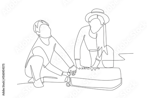 Packing for family travel concept one-line drawing