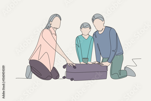 Colored packing for family travel concept one-line drawing