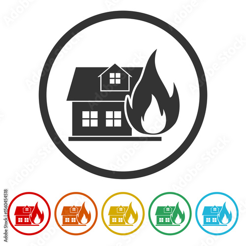 House Fire Emergency Icon. Set icons in color circle buttons
