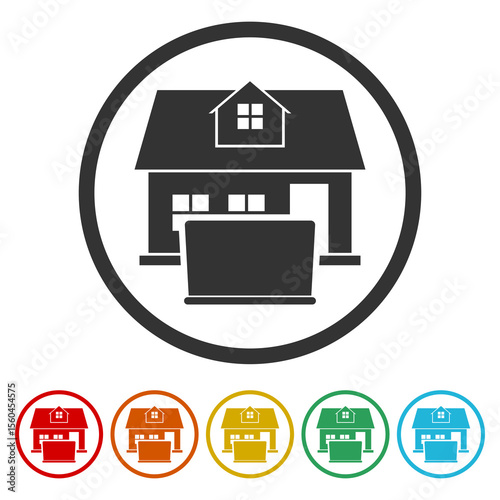 Working at home icon. Set icons in color circle buttons