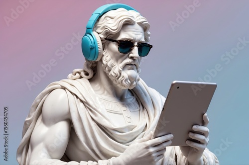 Ancient statue with modern headphones and sunglasses enjoying digital entertainment in a vibrant setting