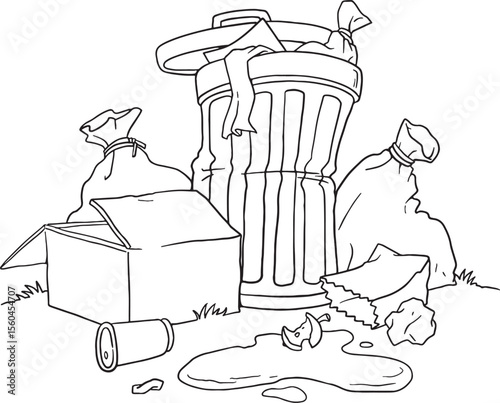 A messy monochrome illustration features an overflowing garbage can surrounded by bags of trash, a discarded box, a crushed can, and a puddle of spilled liquid. This image effectively conveys concepts