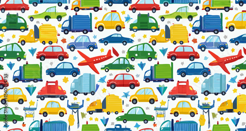 Seamless kids’ vector pattern with colorful cars, trucks, airplanes and construction vehicle